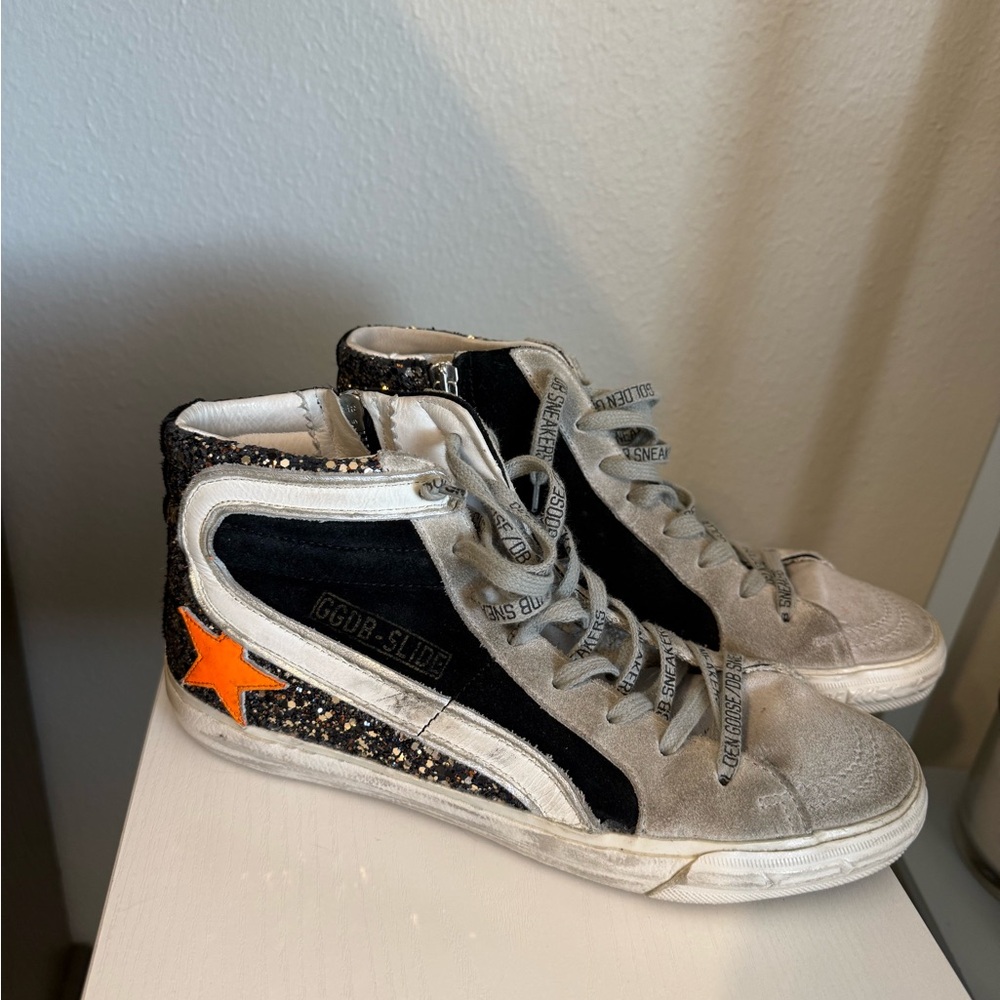 Golden Goose Glitter High Top Sneaker with Orange Star - Picture 2 of 5